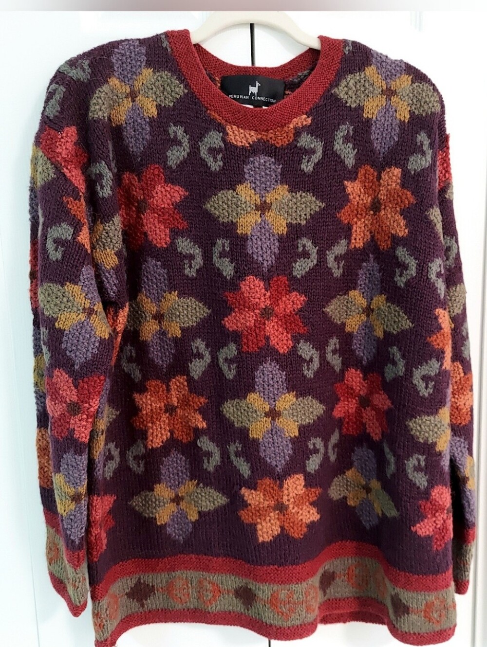 Peruvian Connection, Size M, 100% Alpaca Wool Floral Knit, Earthtones